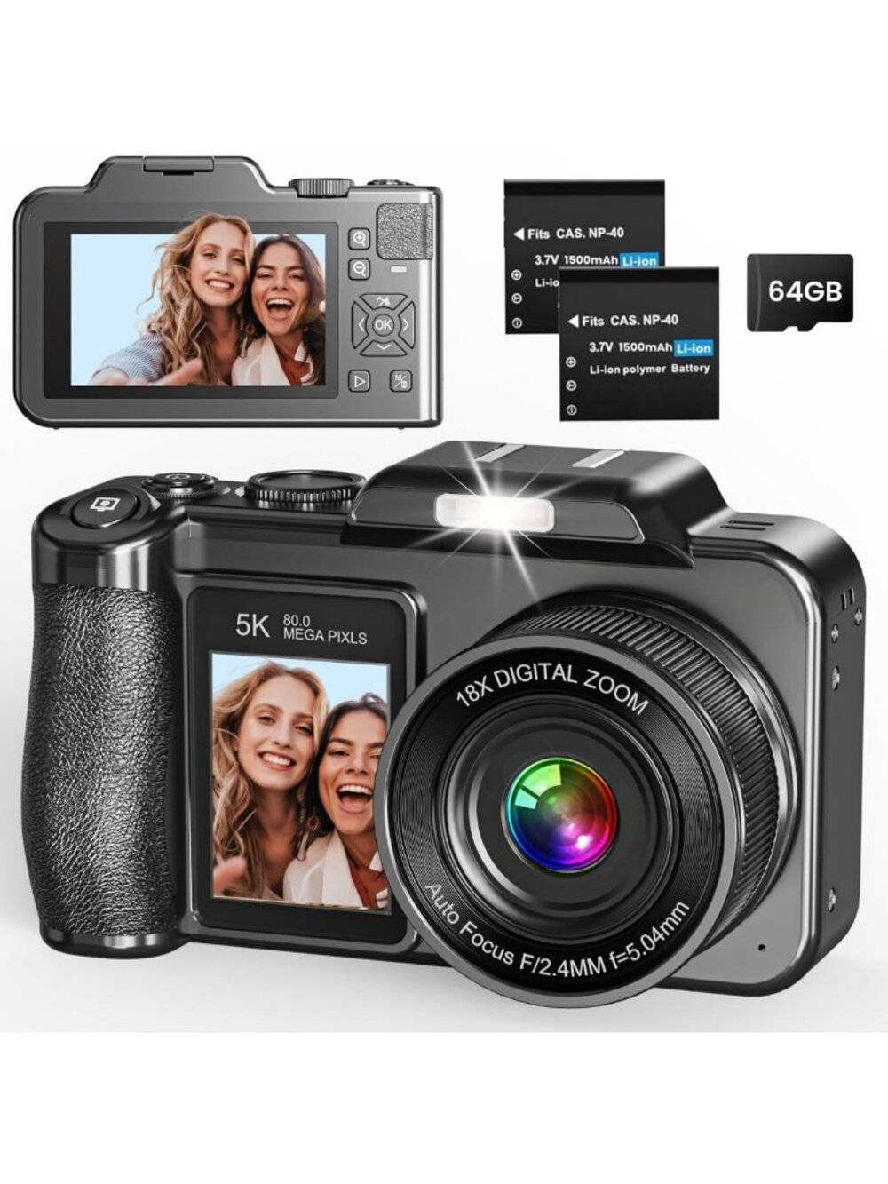 5K 80MP Dual Screen Digital Camera with 18X Zoom, Vlogging & Travel Ready, 64GB